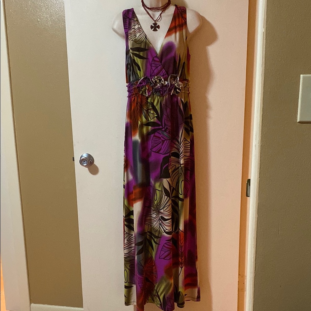 Dress Barn Purple and Green Plunge Sundress Maxi